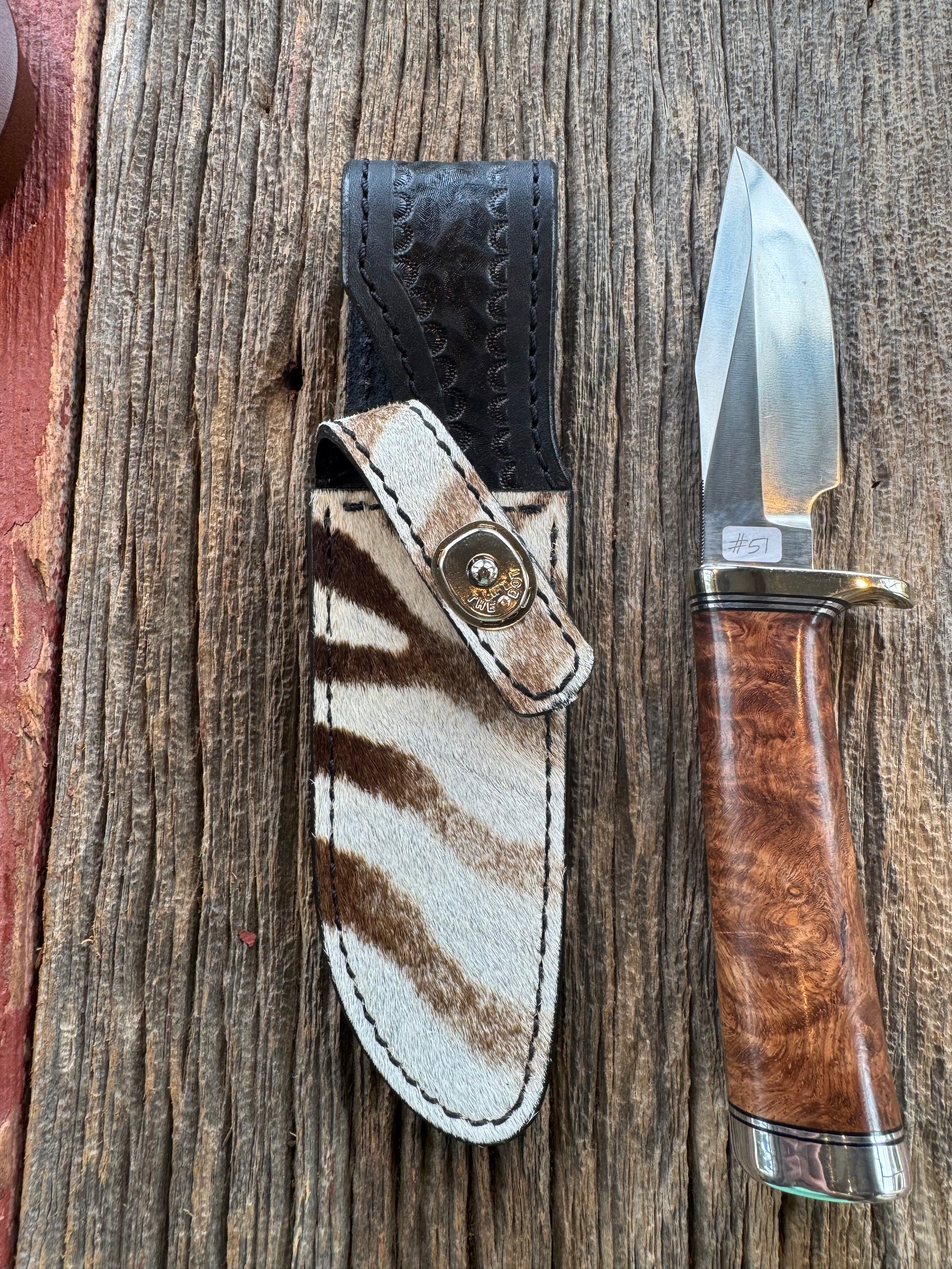 Randall Knife Model 23 Amboyna Burl wood Handle, Stainless Steel blade, Nickel Silver hilt and Butt cap. Exotic Zebra Sheath.