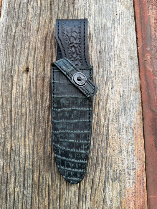 New Randall Model 25-6 Sheath in Exotic Black/Grey Matte Crocodile from Treeman with the newest Black Canteen snap.