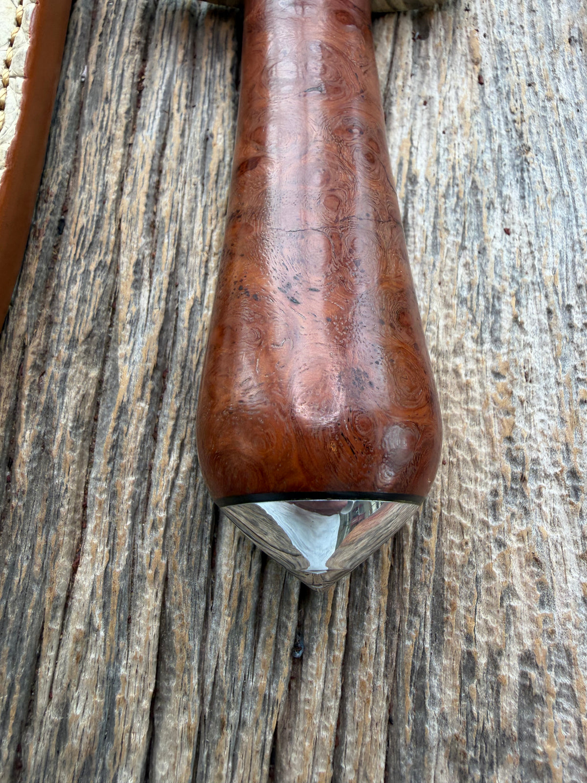 Randall Knife Clinton Special TC Nickel Silver Hilt and Collar, Stainless Steel, Thuya Burl, aluminum butt cap. Cream Croc Sheath.