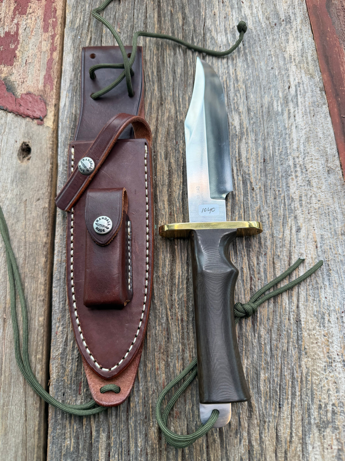 Nice Paper Randall Model Buxton Fighter # 1140 Brown Micarta, Lanyard SS Nickel Silver Double Hilt, Skull Crusher.