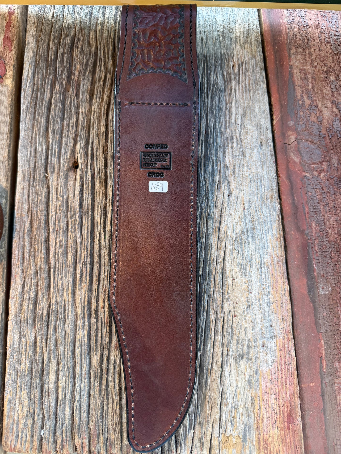 New Randall Model Confederate Sheath in Exotic Dark Brown Sueded Crocodile Tail from Treeman with the newest Black Canteen snap.