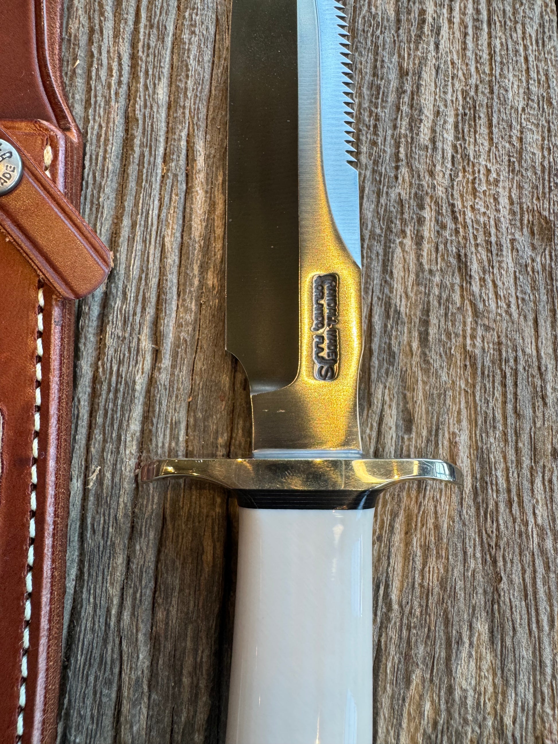 Randall Knife Model 1-7 Warther Resin Ivory. Nickel Silver Hilt, Stainless Steel Blade, black spacers.