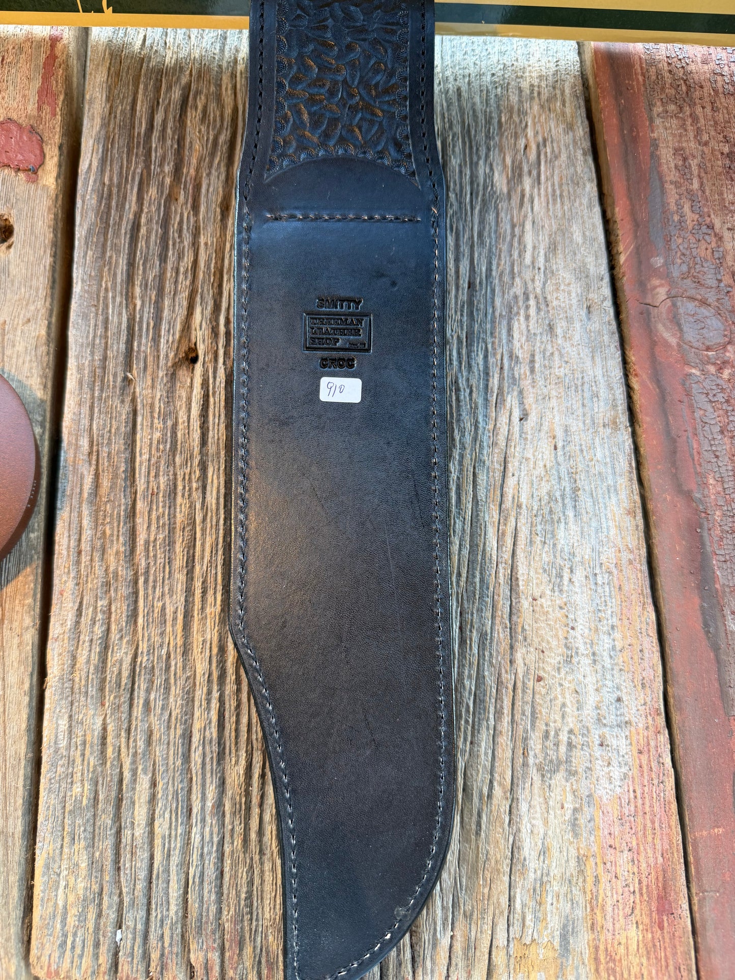 New Randall Model 12-11 Smitty Sheath in Exotic Black/Grey Matte Anus Crocodile from Treeman with the newest Black Canteen snap.