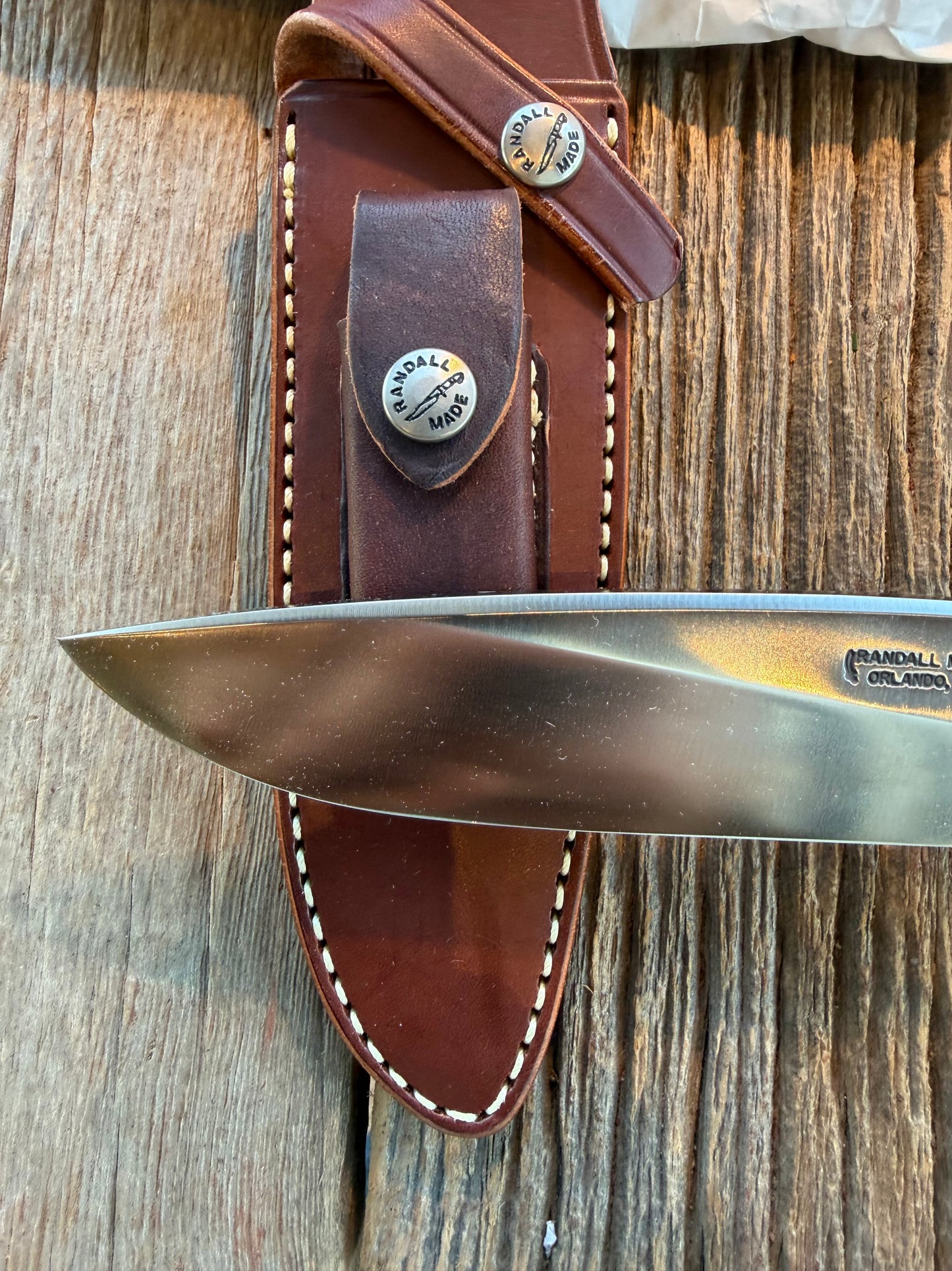 New in paper Randall Knife Model 25-6 Trapper in Stag Leather Handle Stainless Blade, NSH