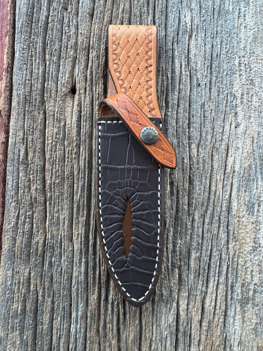 New Randall Model Combat Companion Sheath in Exotic Brown Natural Croc with full leather hand tooled belt loop. Randall snap and stamp on the back. Custom Made at Sullivan’s by Gutcher