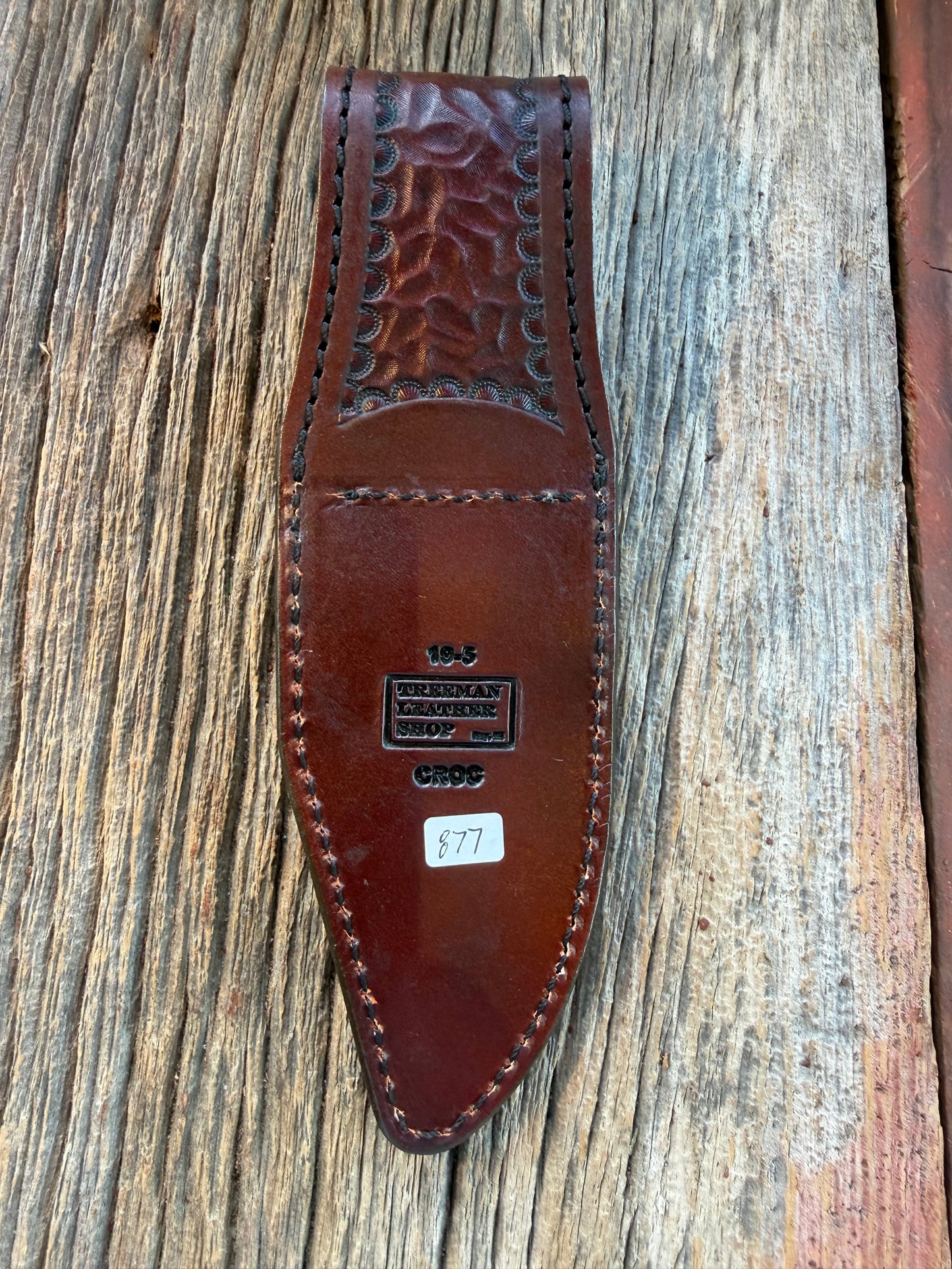 New Randall Model 19-5 Sheath in Exotic Dark Brown Crocodile from Treeman with the newest Black Canteen snap.