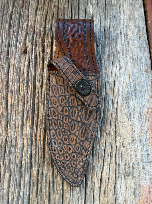 New Randall Model 19-5 Sheath in Exotic Dark Brown Sueded Crocodile from Treeman with the newest Black Canteen snap.