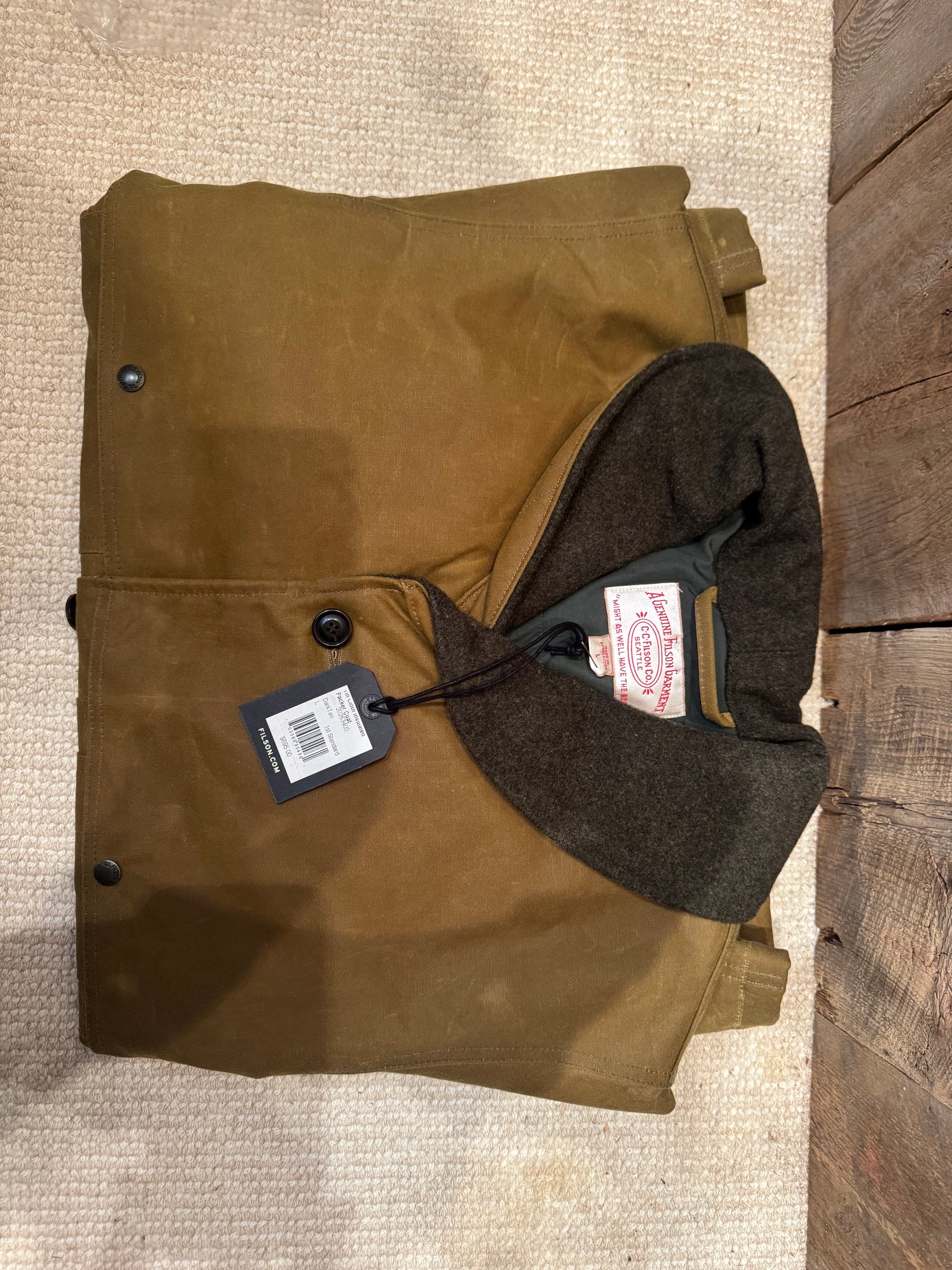 NWT FILSON TIN CLOTH INSULATED PACKER COAT DARK TAN LARGE NWT 20263400