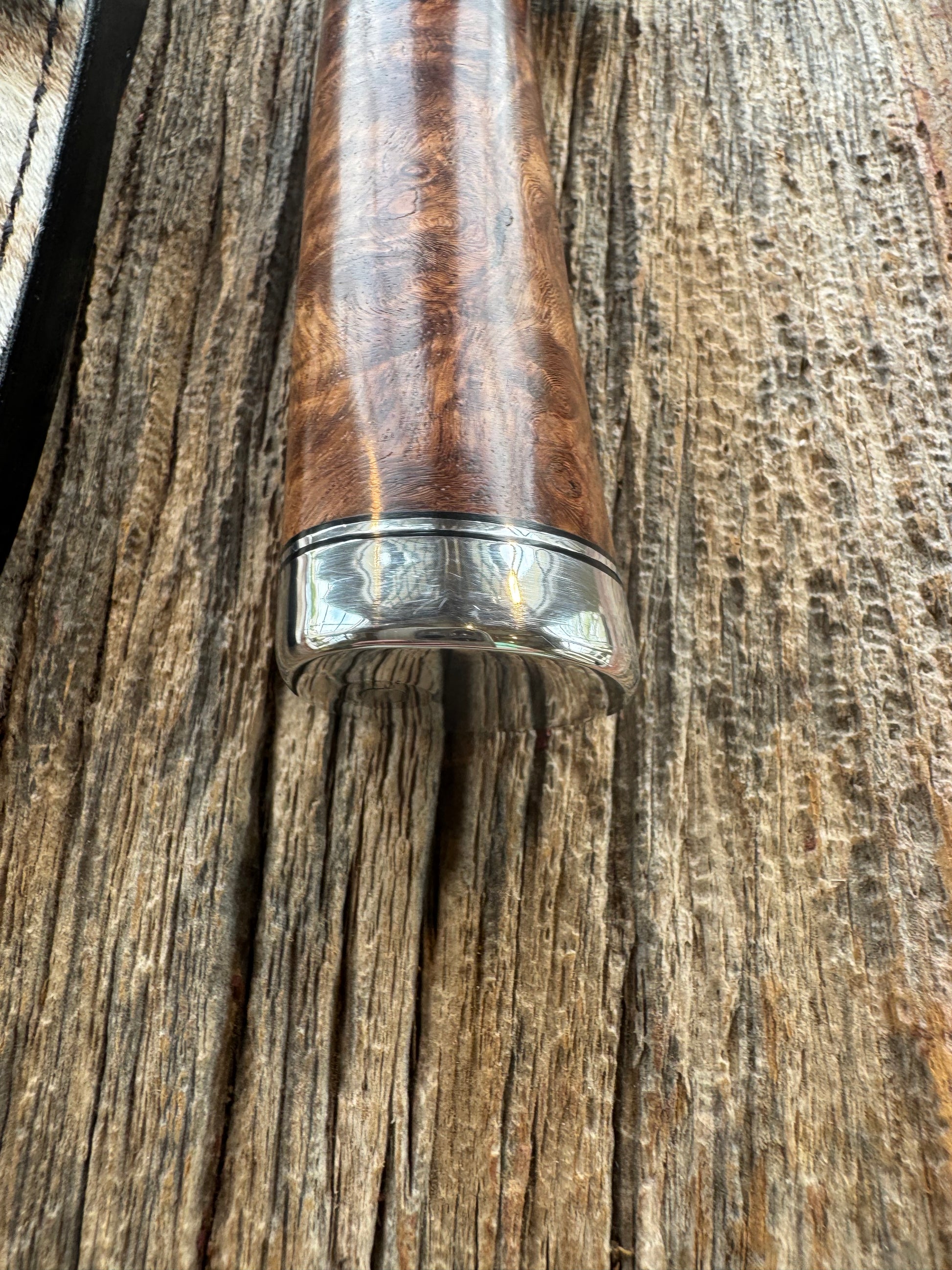 Randall Knife Model 23 Amboyna Burl wood Handle, Stainless Steel blade, Nickel Silver hilt and Butt cap. Exotic Zebra Sheath.