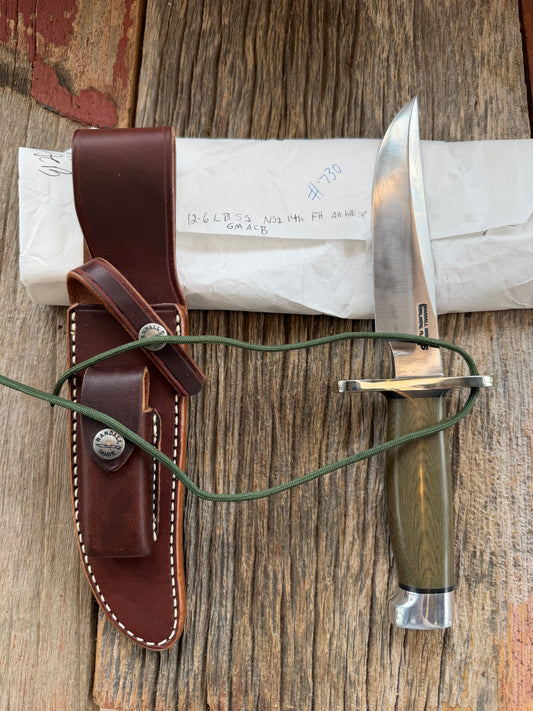 New Paper Randall Made Knife Model 12-6 Green Micarta Stainless Nickel Hilt