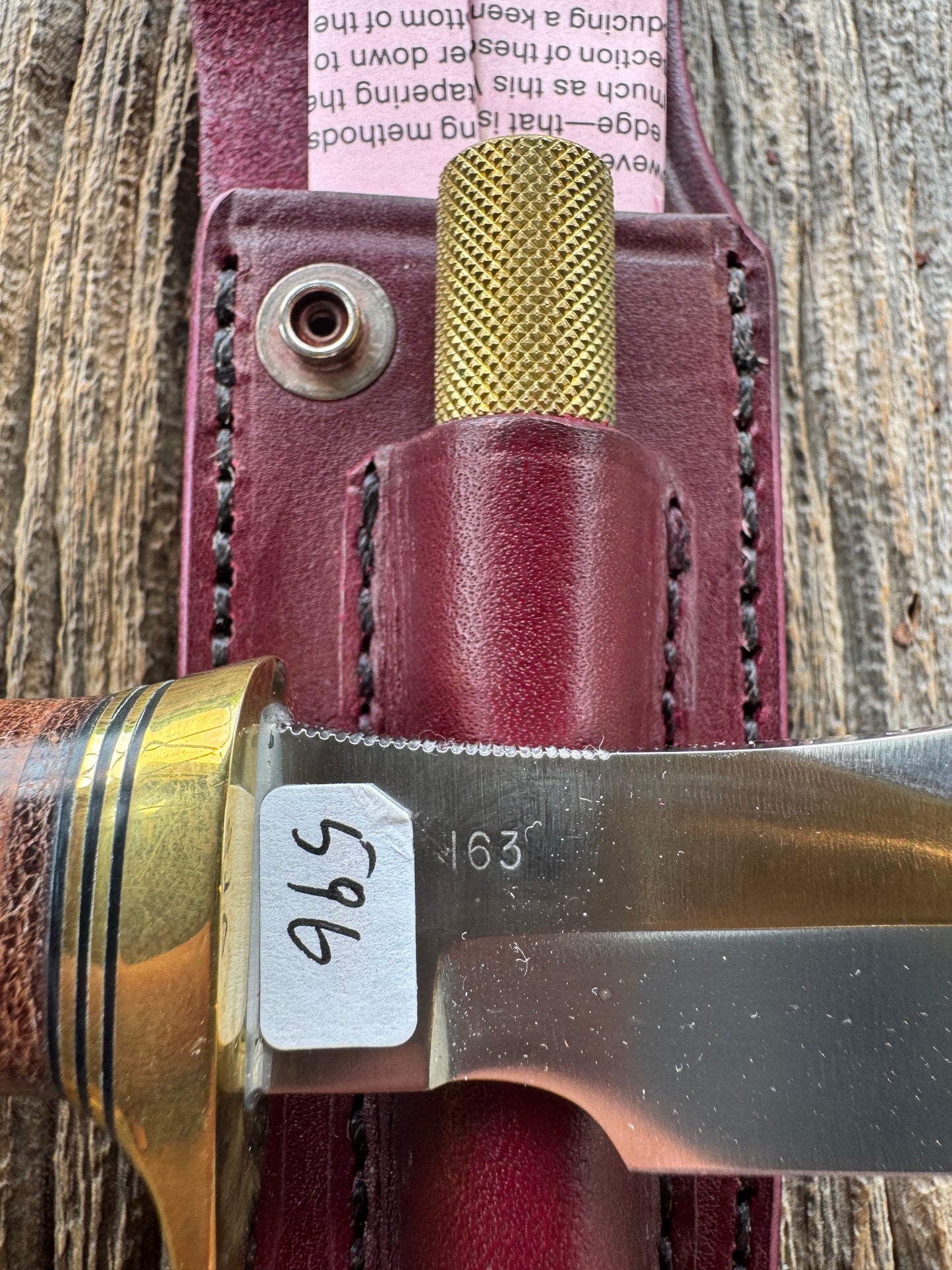 Vintage Randall Stanaback Special. Leather and brass. This is the large Stanaback version with a Stainless 4 1/2” Blade, Brass Single Hilt and Gold & Black Spacers. I have 2 available Serial # 163 and # 164 consecutive numbers. Price is per knife.
