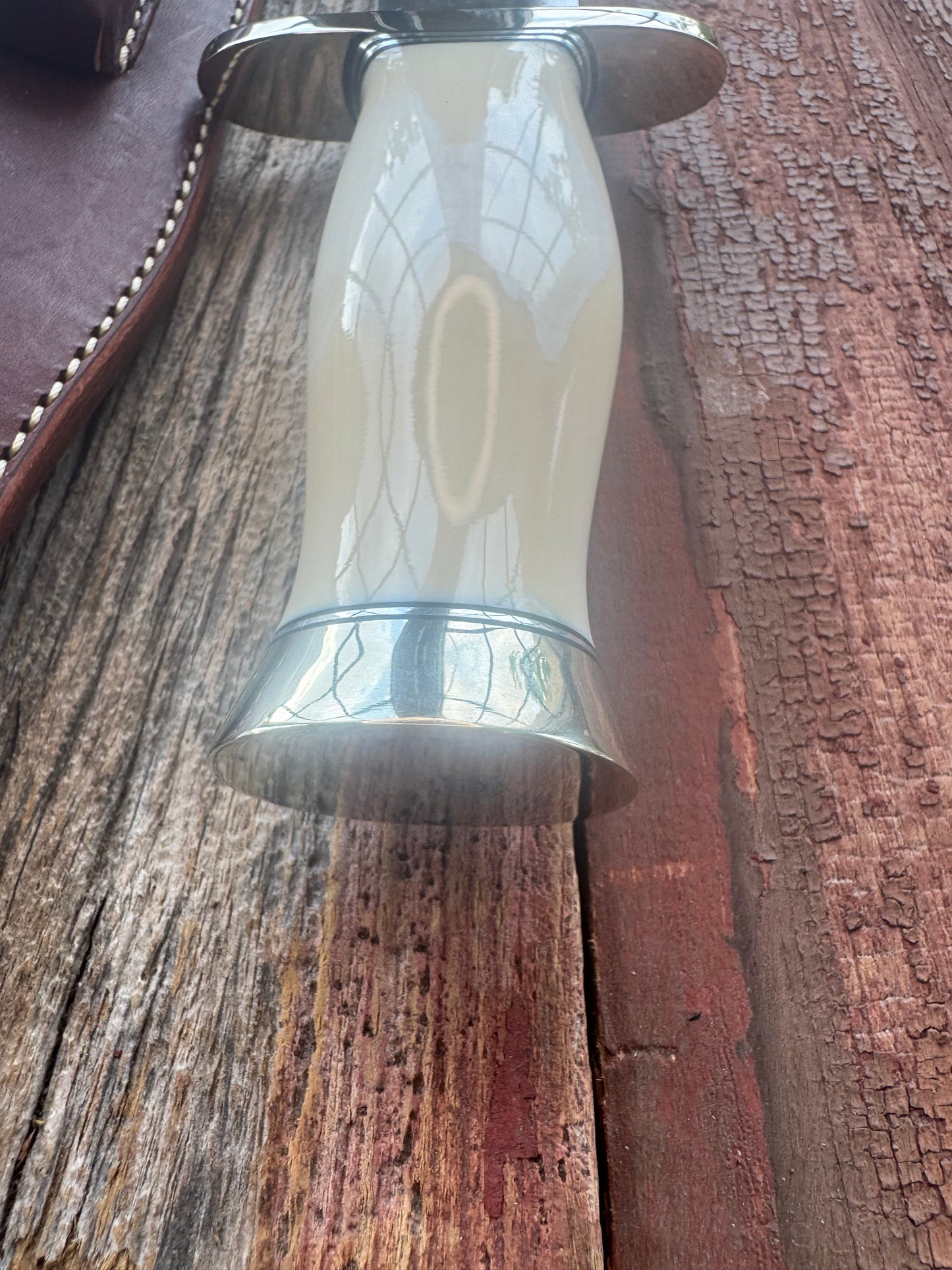 New in Paper Model 12-11 Confederate Bowie. Beautiful creamy Fossil Walrus Ivory with a Nickel  Silver forward curved hilt and butt cap. Unreal Scrim opportunity!! Blank Canvas..