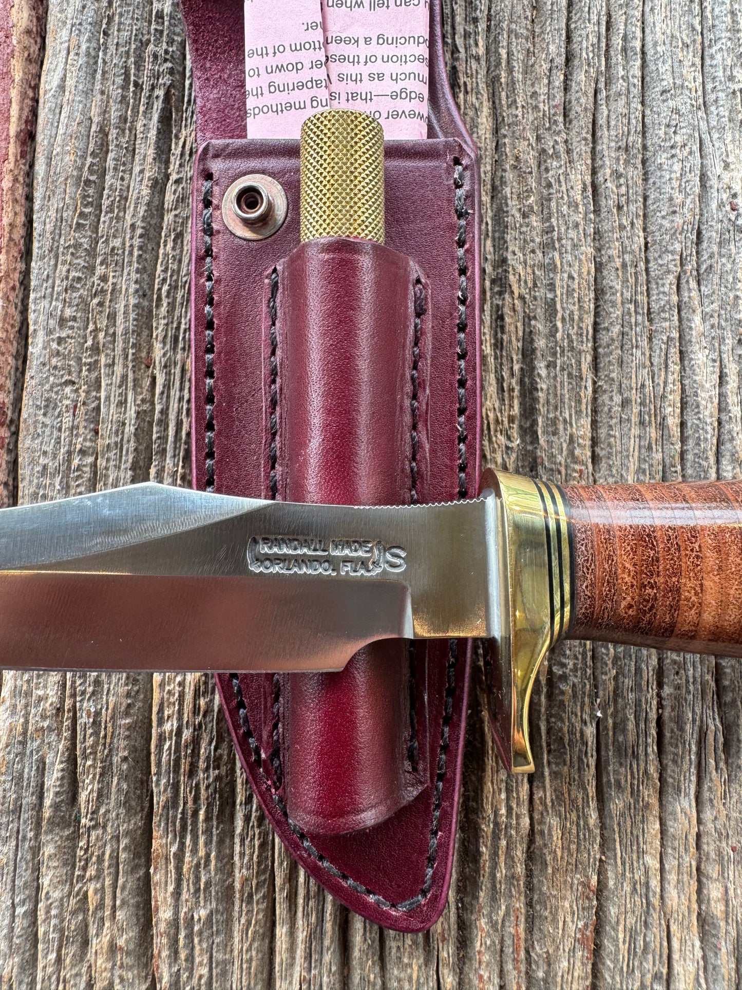 Vintage Randall Stanaback Special. Leather and brass. This is the large Stanaback version with a Stainless 4 1/2” Blade, Brass Single Hilt and Gold & Black Spacers. I have 2 available Serial # 163 and # 164 consecutive numbers. Price is per knife.