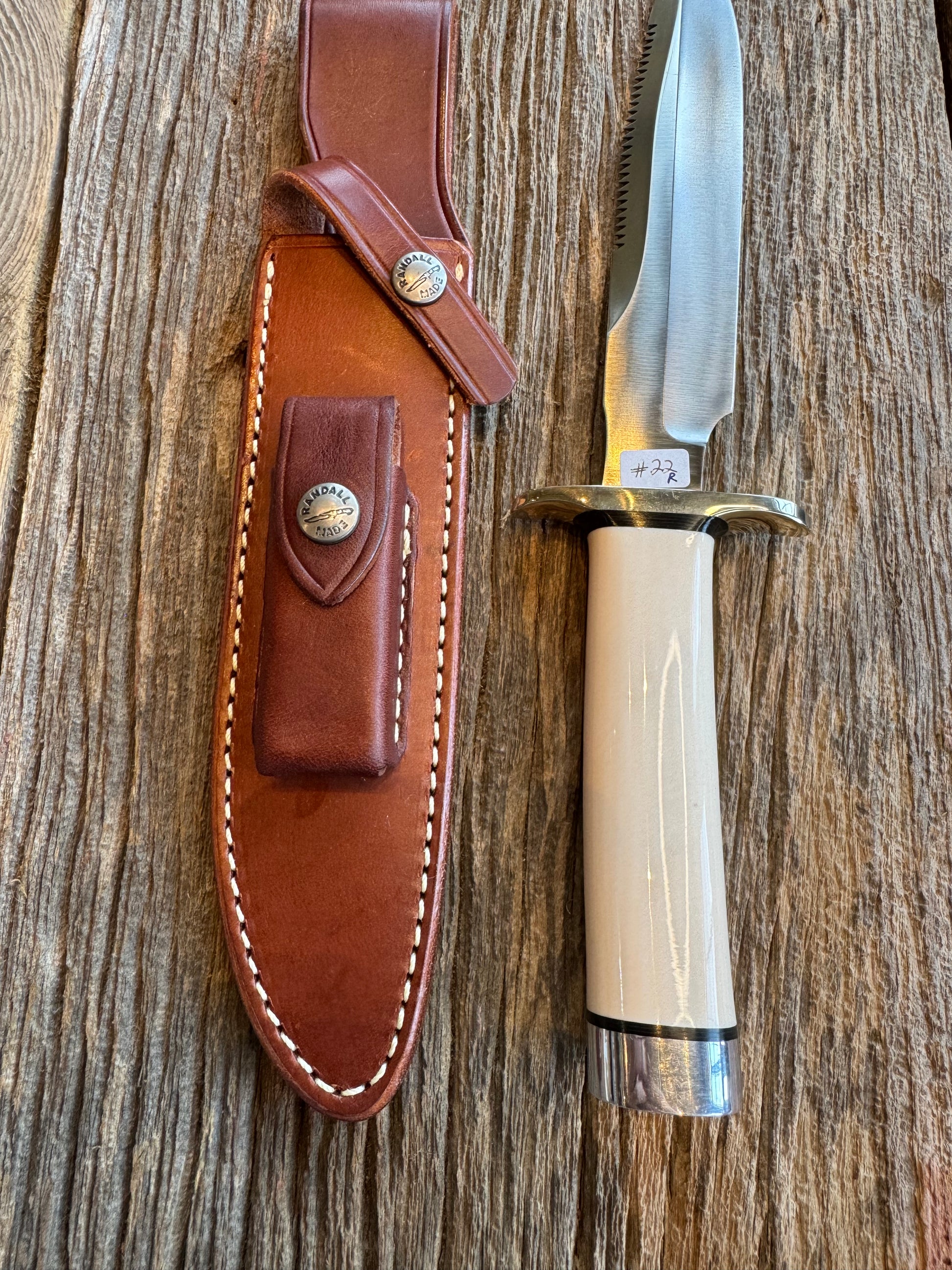 Randall Knife Model 1-7 Warther Resin Ivory. Nickel Silver Hilt, Stainless Steel Blade, black spacers.