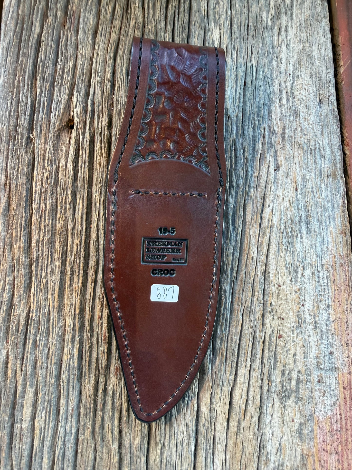 New Randall Model 19-5 Sheath in Exotic Dark Brown Sueded Crocodile from Treeman with the newest Black Canteen snap.