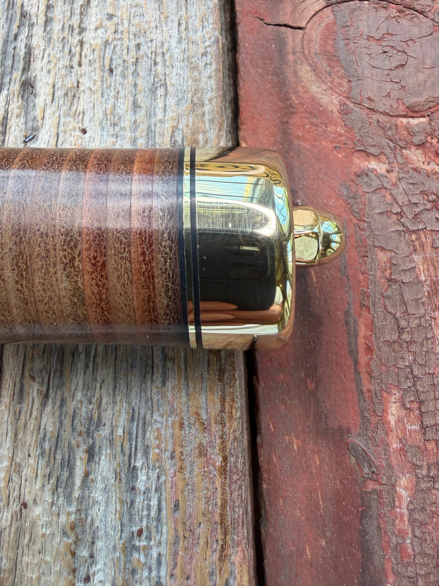 New Randall Model 19-5 Bushmaster with a Leather handle. Carbon blade, Brass single hilt. Brown leather sheath.