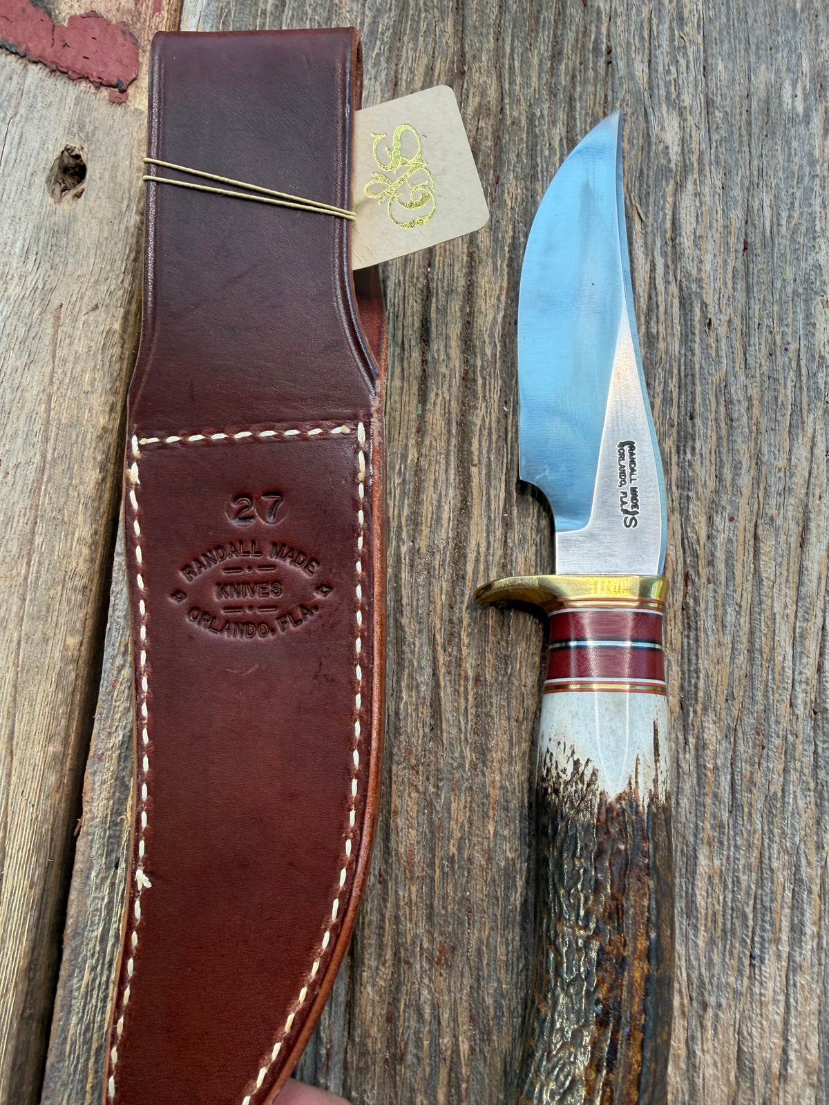 New Randall Made Knife Model 27-5 with a Stag handle, Stainless, brass single Hilt, red and aluminum spacers, loaded!!
