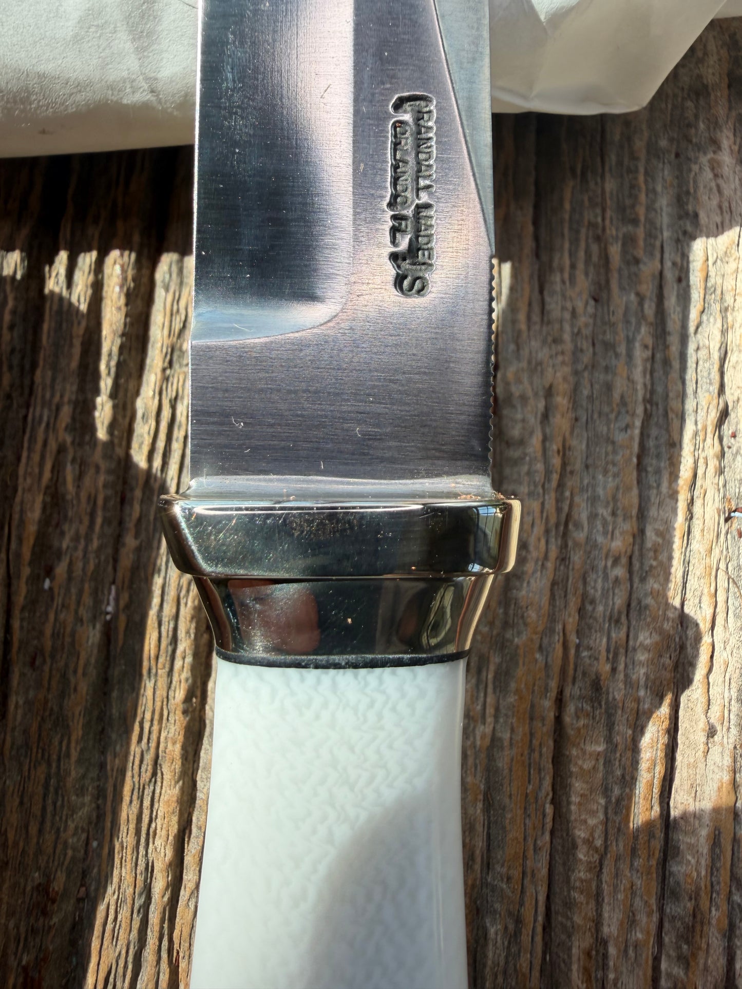 New in Paper Randall Model “Gambler” 4 Inch in Ivorite handle, Nickel hilt, Stainless steel blade, Nickel silver collar , rounded nickel silver butt cap.