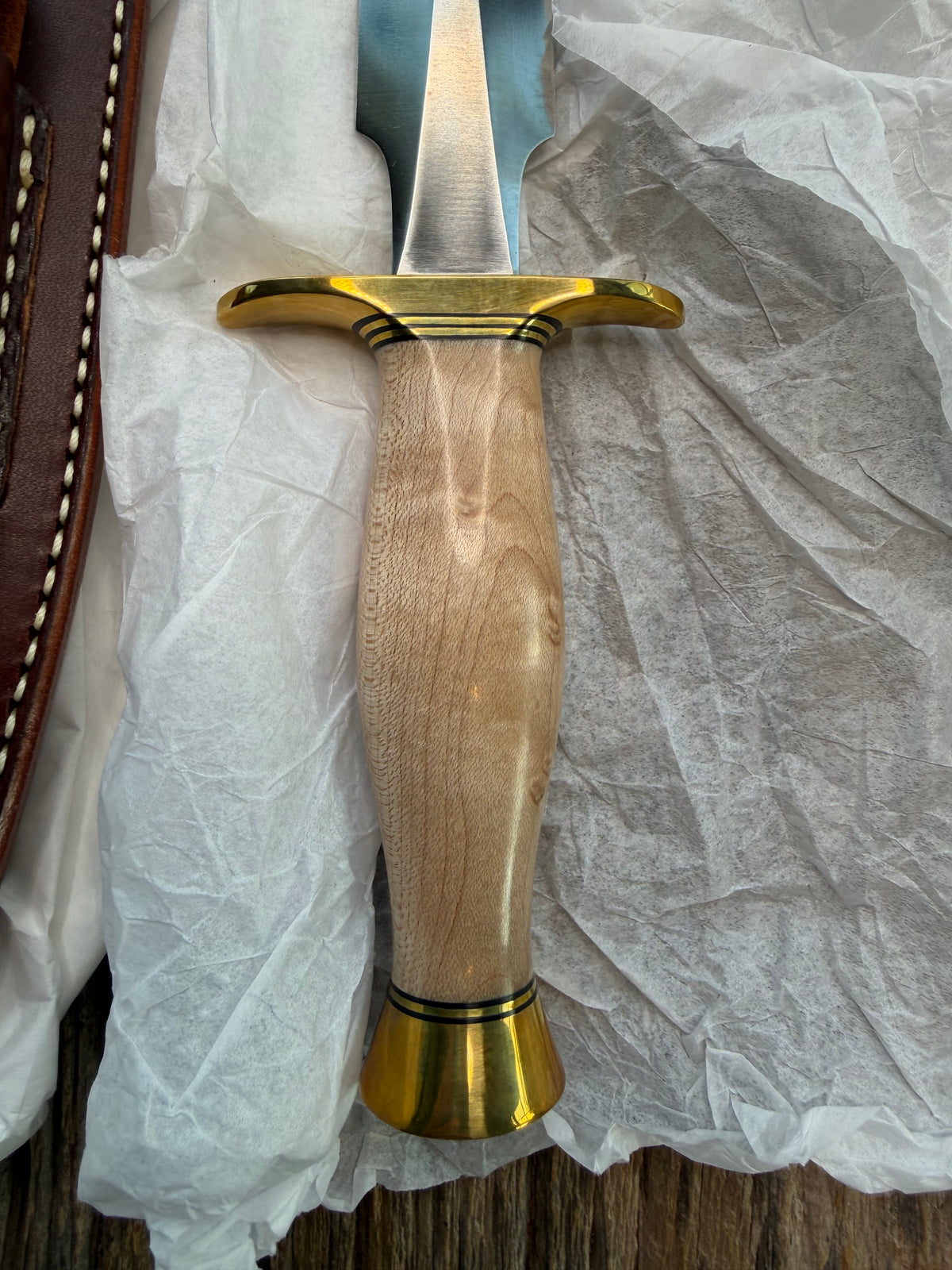 New in Paper Randall Made Knife Model 2-7 Maple wood, Stainless, Black and gold spacers, Brass Hilt and  butt cap.