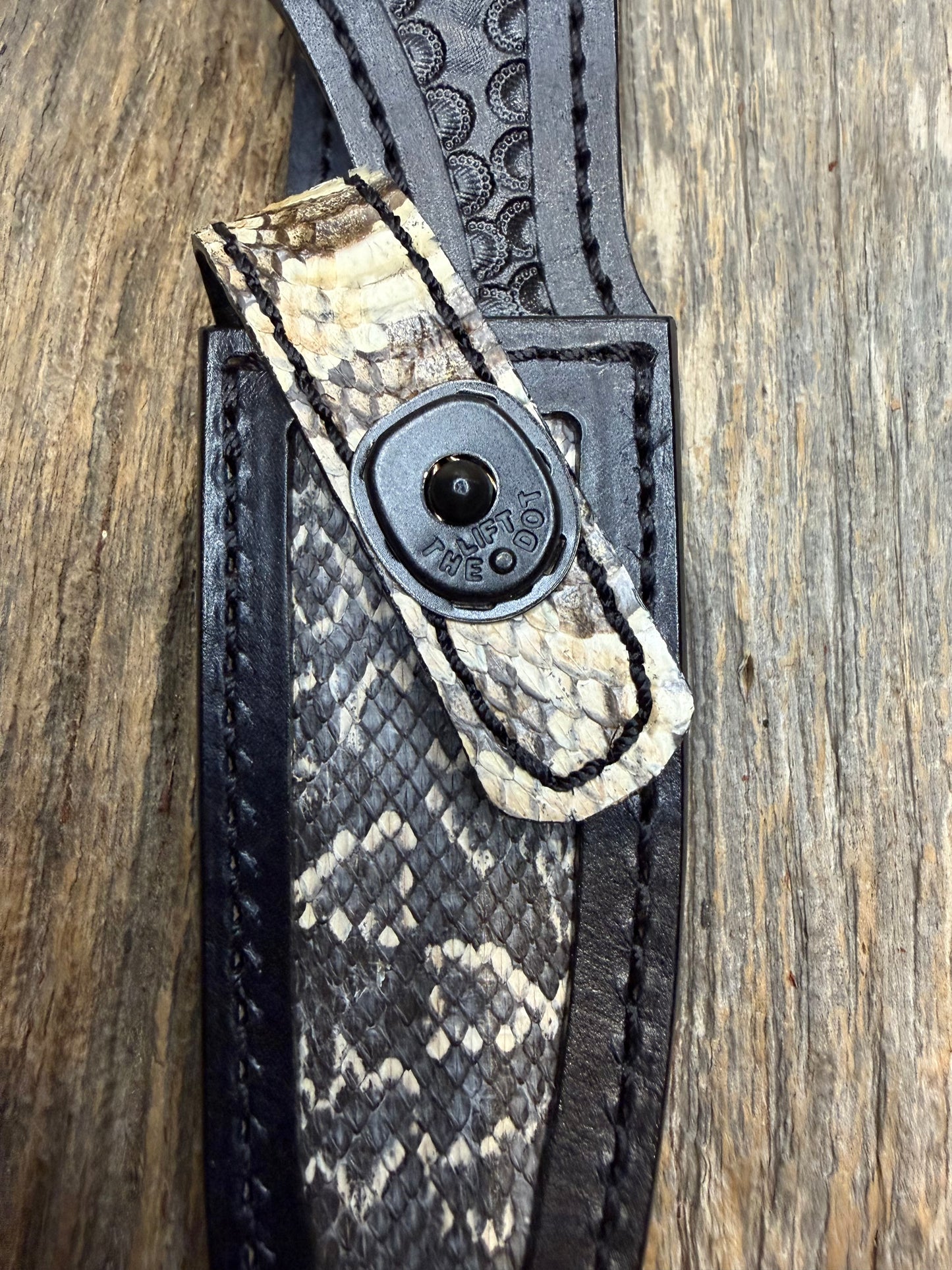 Randall Model 8-4 Sheath in Exotic Water Moccasin from Treeman Sheaths. Tremendous colors on this one.