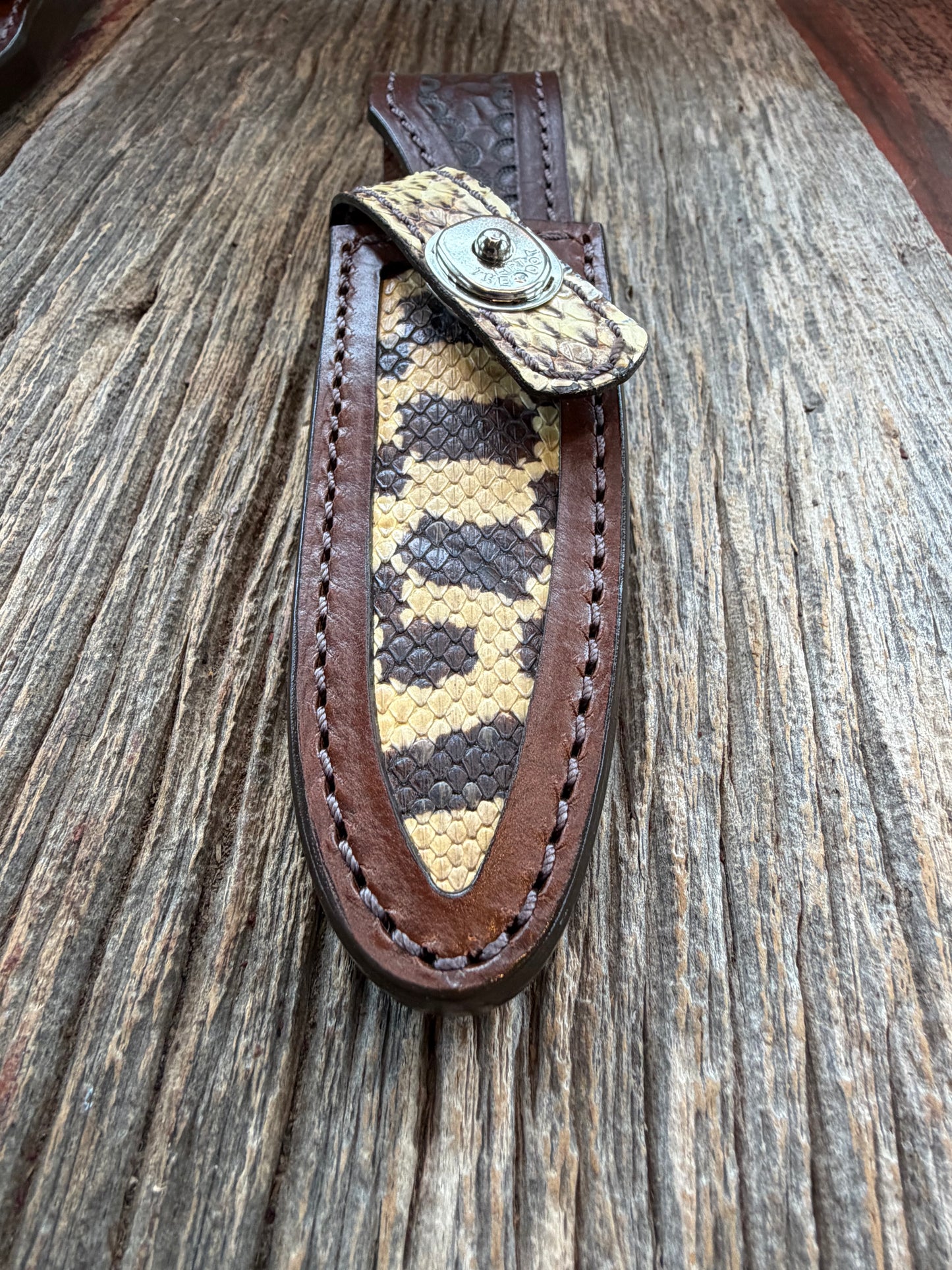 Randall Model 8-4 Sheath in Exotic West Texas Yellow Gopher Snake from Treeman Sheaths.