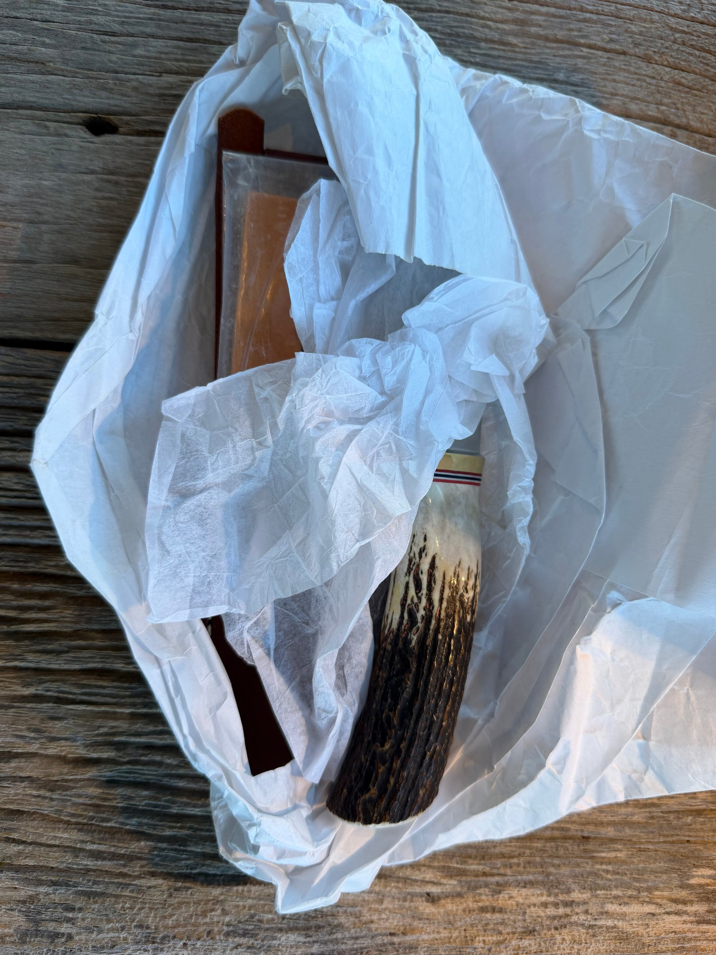 New in Paper Randall Model 19-5 Bushmaster with a Stag handle. Carbon blade, Nickel silver single hilt. Brown leather sheath.