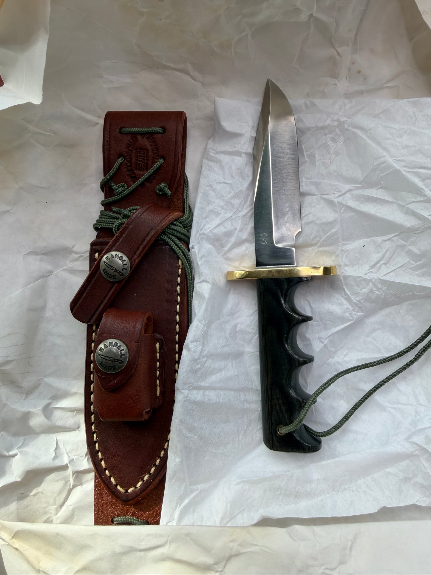 New Paper Randall Made Knife Mini Model 14 Attack Knife Black Micarta SN # 840.