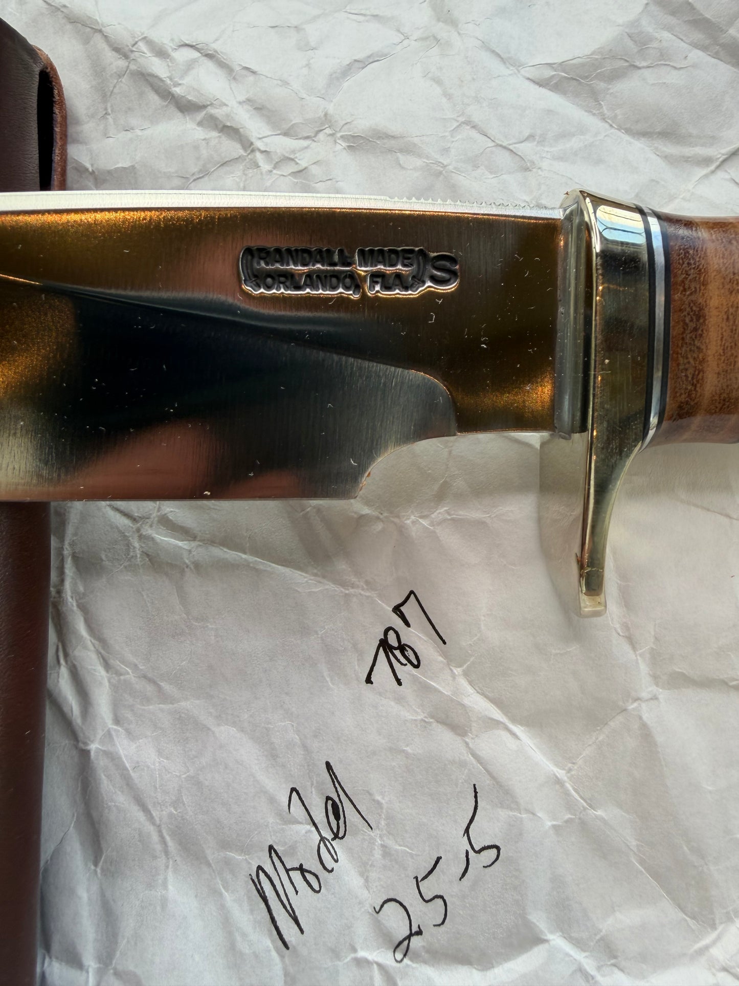 New in paper Randall Knife Model 25-5 Trapper in Stag Leather Handle Stainless Blade, NSH Hilt