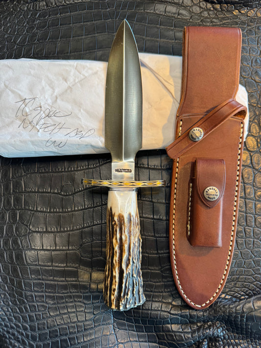 Randall Tom Clinton Dealer Special in a Huge piece of Popcorn Stag. Gold and Silver Engraved, Nickel Silver Hilt and Butt plate.