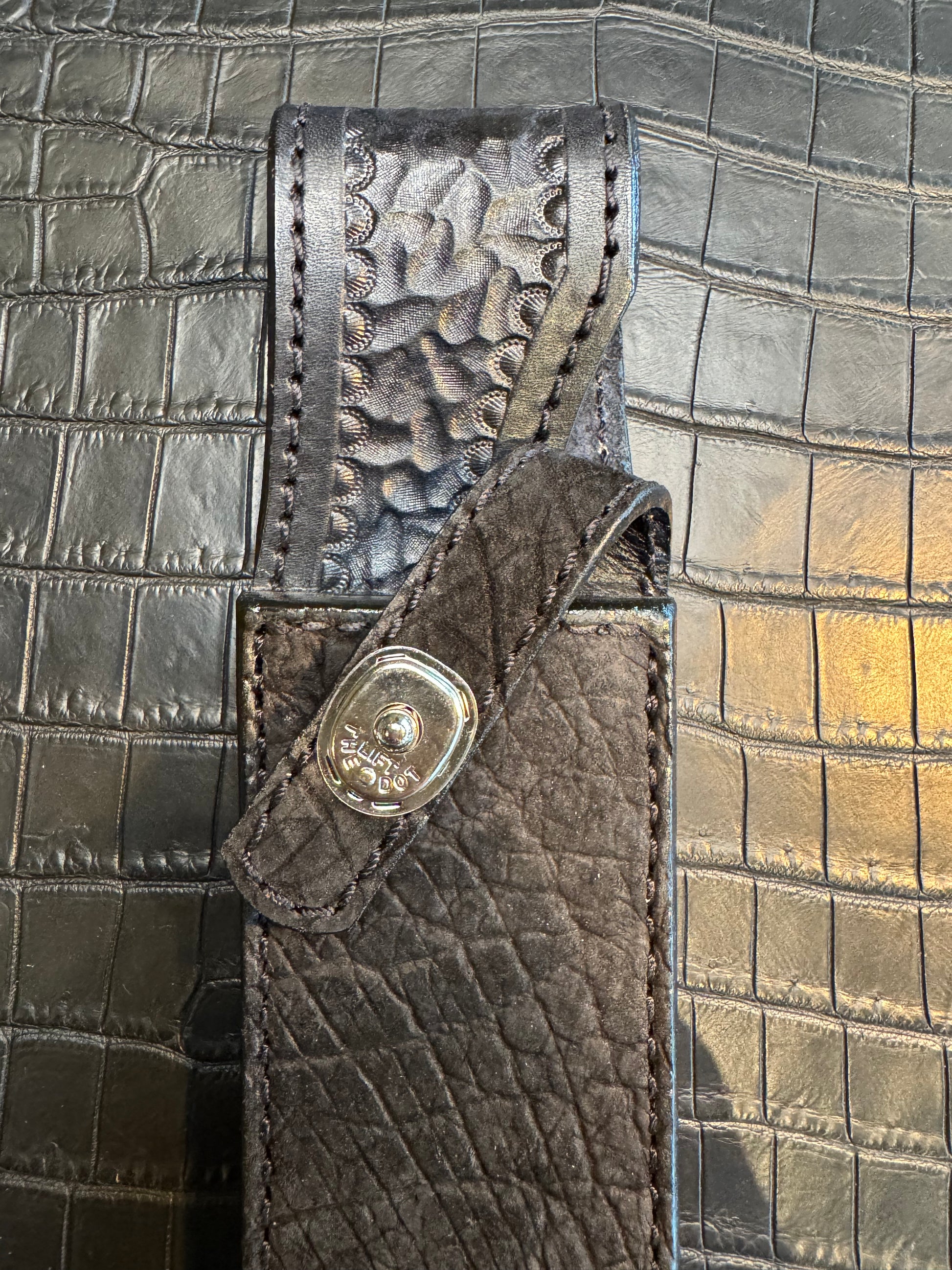 Randall Model 14 in Black Hippo Straight hilt, Canteen Snap, full brass stamping and stitching.