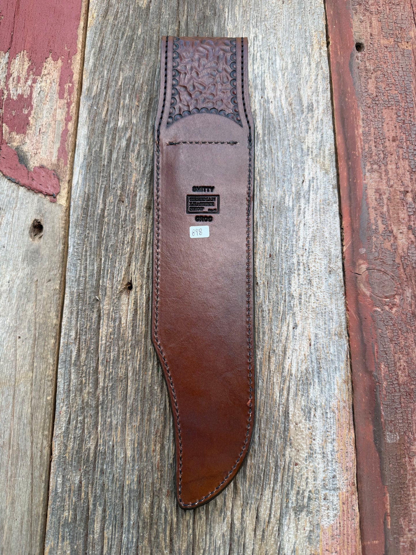 New Randall Model 12-11 Smitty Sheath in Exotic Tan Matte Crocodile from Treeman with the newest Black Canteen snap.