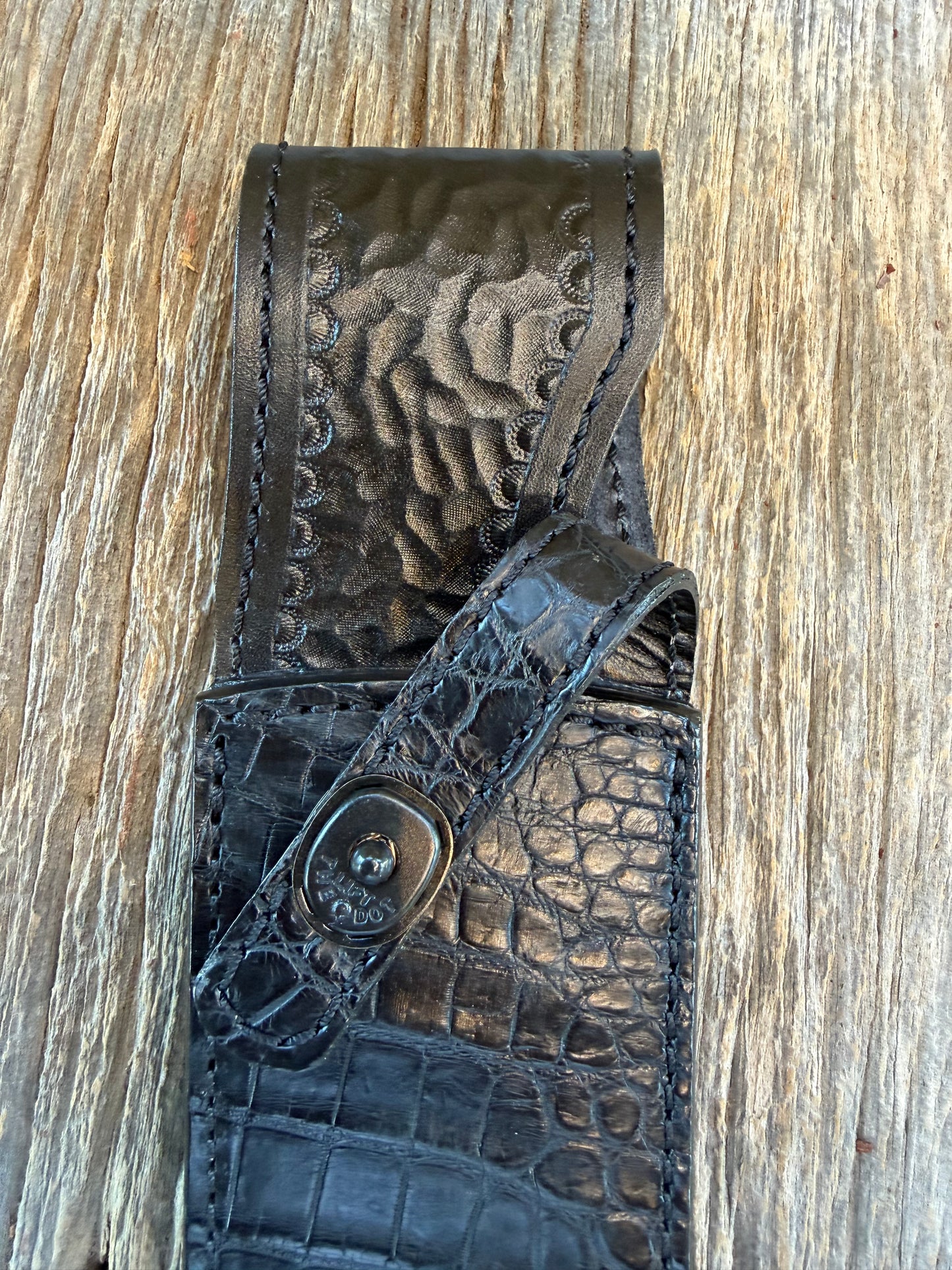 New Randall Model Confederate Sheath in Exotic Black Crocodile from Treeman. Black canteen Snap .. Johnny Cash Style … All Black.