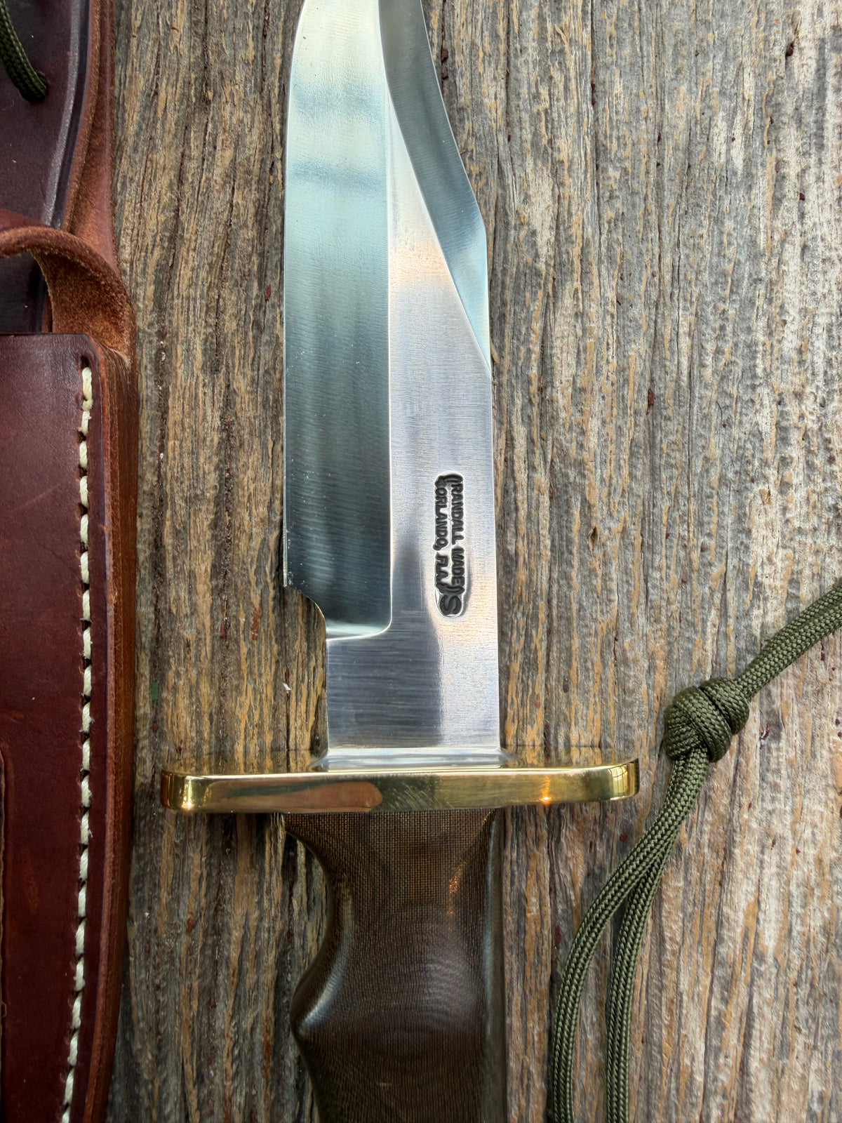 Nice Paper Randall Model Buxton Fighter # 1140 Brown Micarta, Lanyard SS Nickel Silver Double Hilt, Skull Crusher.