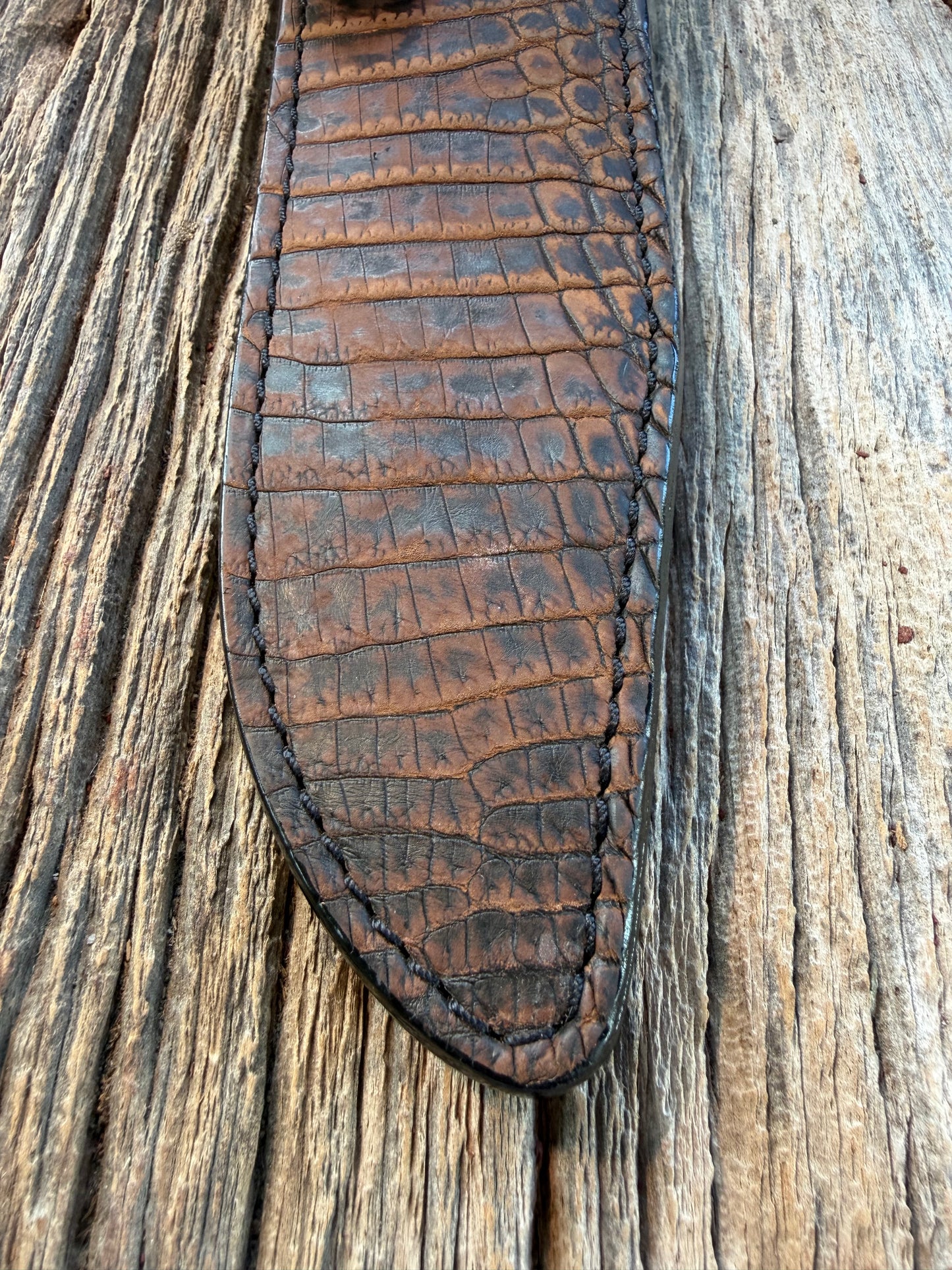 New Randall Model 14 Sheath in Exotic Dark Brown Sueded Crocodile from Treeman with the newest Black Canteen snap.