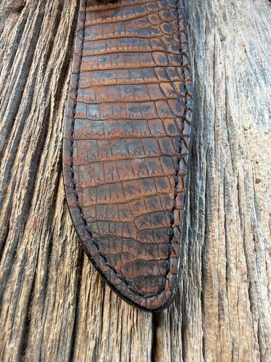 New Randall Model 14 Sheath in Exotic Dark Brown Sueded Crocodile from Treeman with the newest Black Canteen snap.