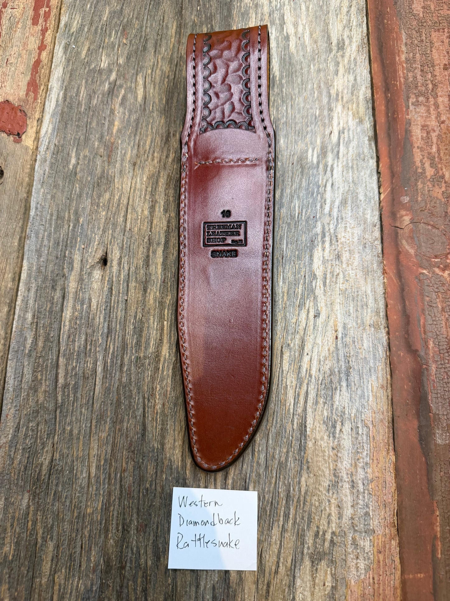 Randall Model 16 Sheath in Exotic Western Diamondback RattleSnake from Treeman Sheaths. Tremendous colors on this one.