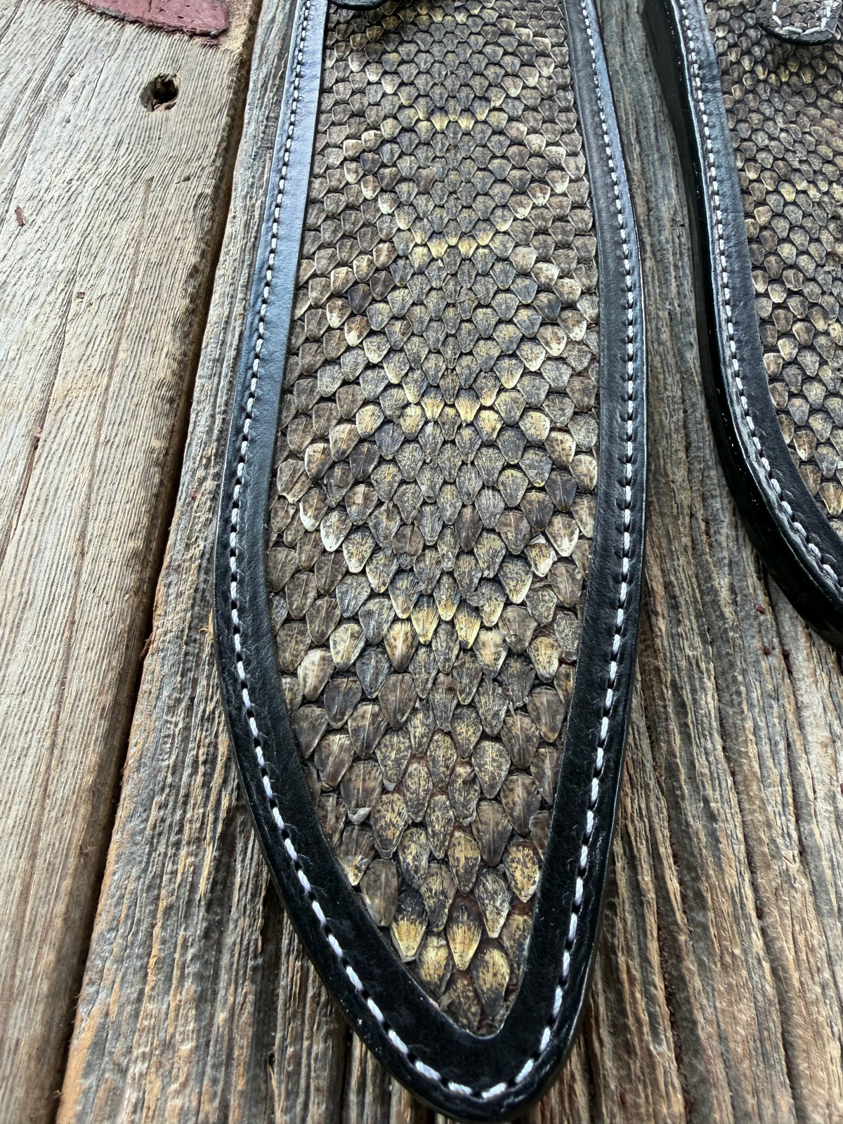 Randall Model Large Sasquatch and Small Sasquatch sheath pair with inlayed Western Diamondback RattleSnake skins from Treeman Sheaths. Very dark skins on brown leather, white deviated stitching and black canteen snaps.