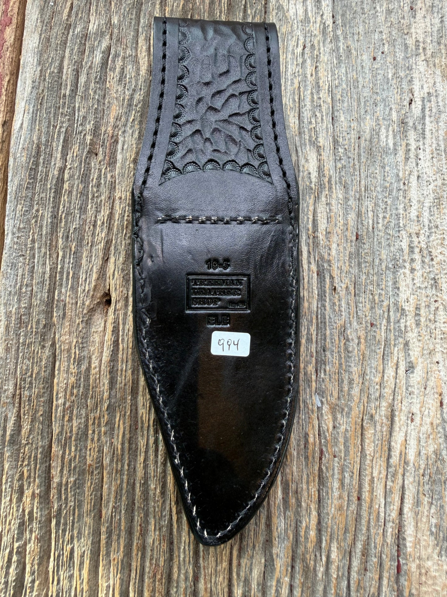 New Randall Model 19-5 Sheath in Exotic thick and textured Grey Elephant Hide on black leather from Treeman with a black Canteen snap. Hand tooled belt loop. Killer sheath.