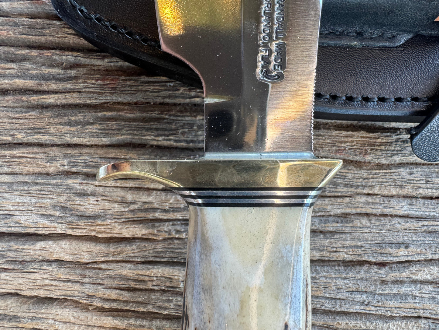 Randall Model 19-5 with a ruff and rustic piece of Stag. Nickel silver Single Hilt and Butt plate.