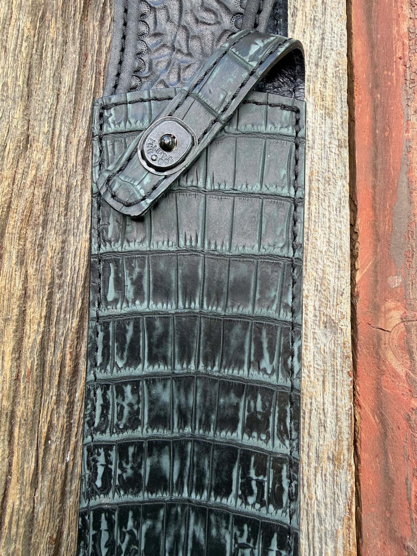 New Randall Model 12-11 Smitty Sheath in Exotic Black/Grey Matte Crocodile from Treeman with the newest Black Canteen snap.