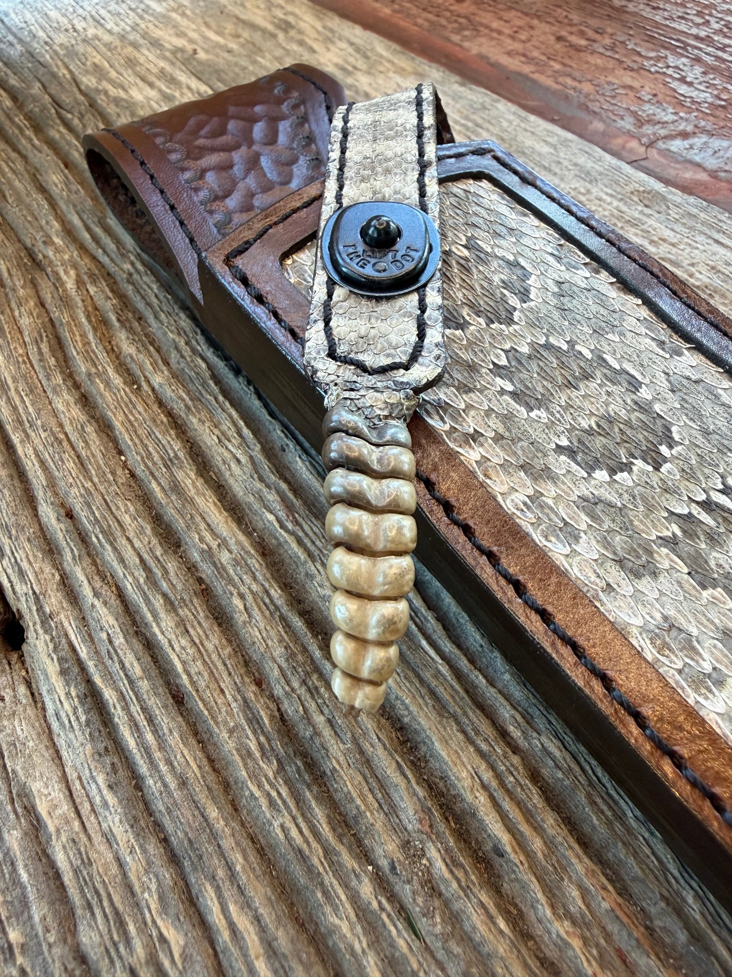 Randall Model Clinton Special with Rattles Sheath in Exotic Prairie RattleSnake from Treeman Sheaths. Tremendous colors on this one.