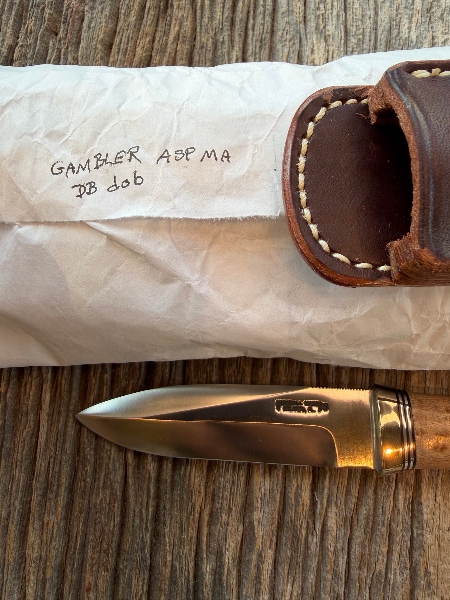 New in Paper Randall Model “Gambler” 4 Inch in Maple Wood, Nickel hilt, Stainless, black and aluminum spacers.