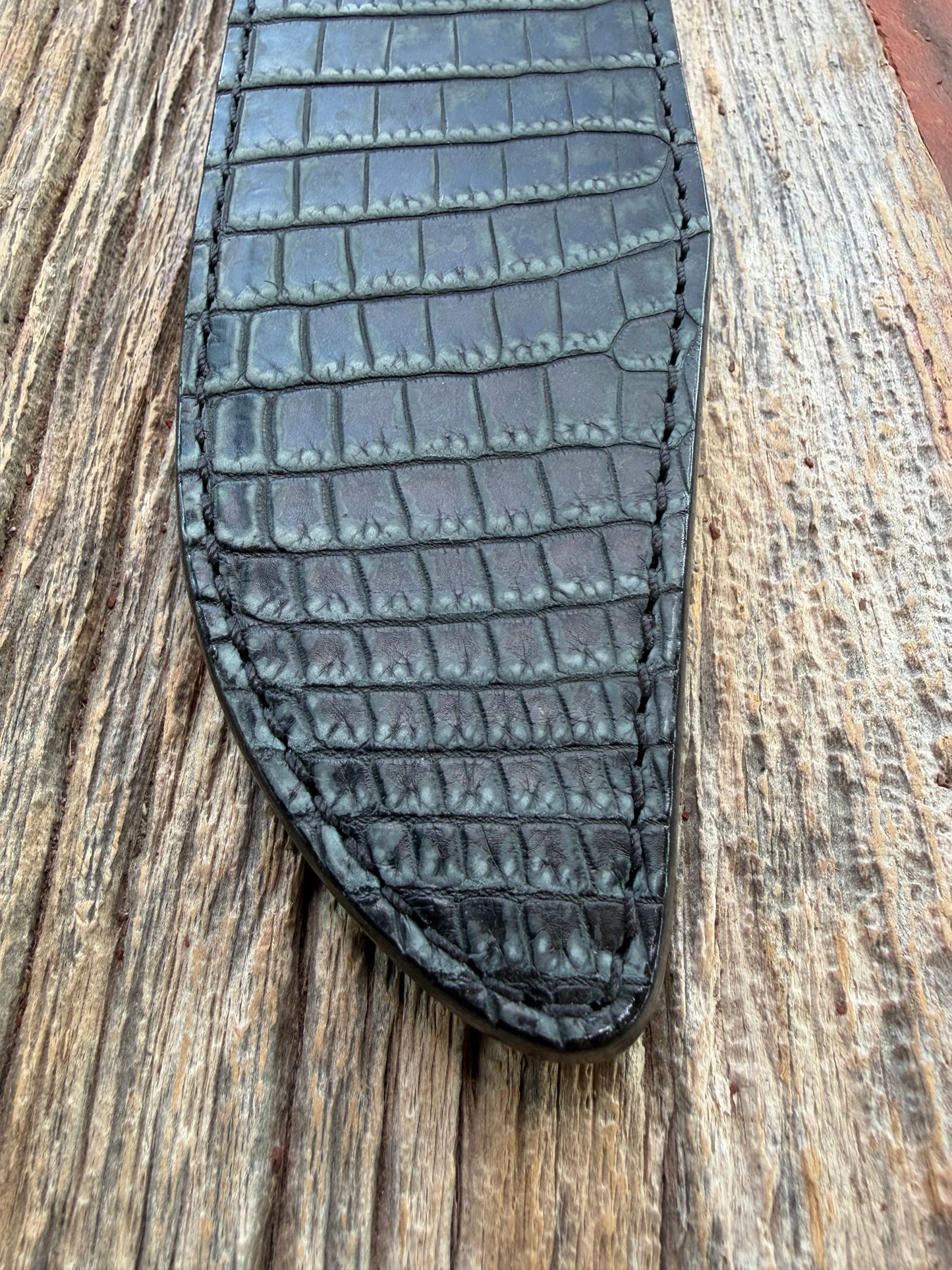 New Randall Model 12-9 Sheath in Exotic Black/Grey Matte Crocodile from Treeman with the newest Black Canteen snap.