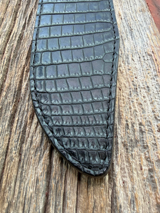 New Randall Model 12-9 Sheath in Exotic Black/Grey Matte Crocodile from Treeman with the newest Black Canteen snap.