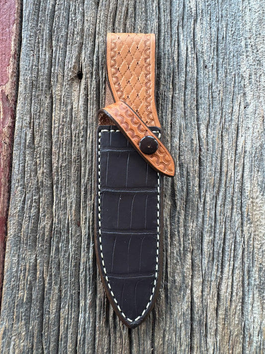 New Randall Model Combat Companion Sheath in Exotic Brown Natural Croc with full leather hand tooled belt loop. Custom Made at Sullivan’s by Gutcher.