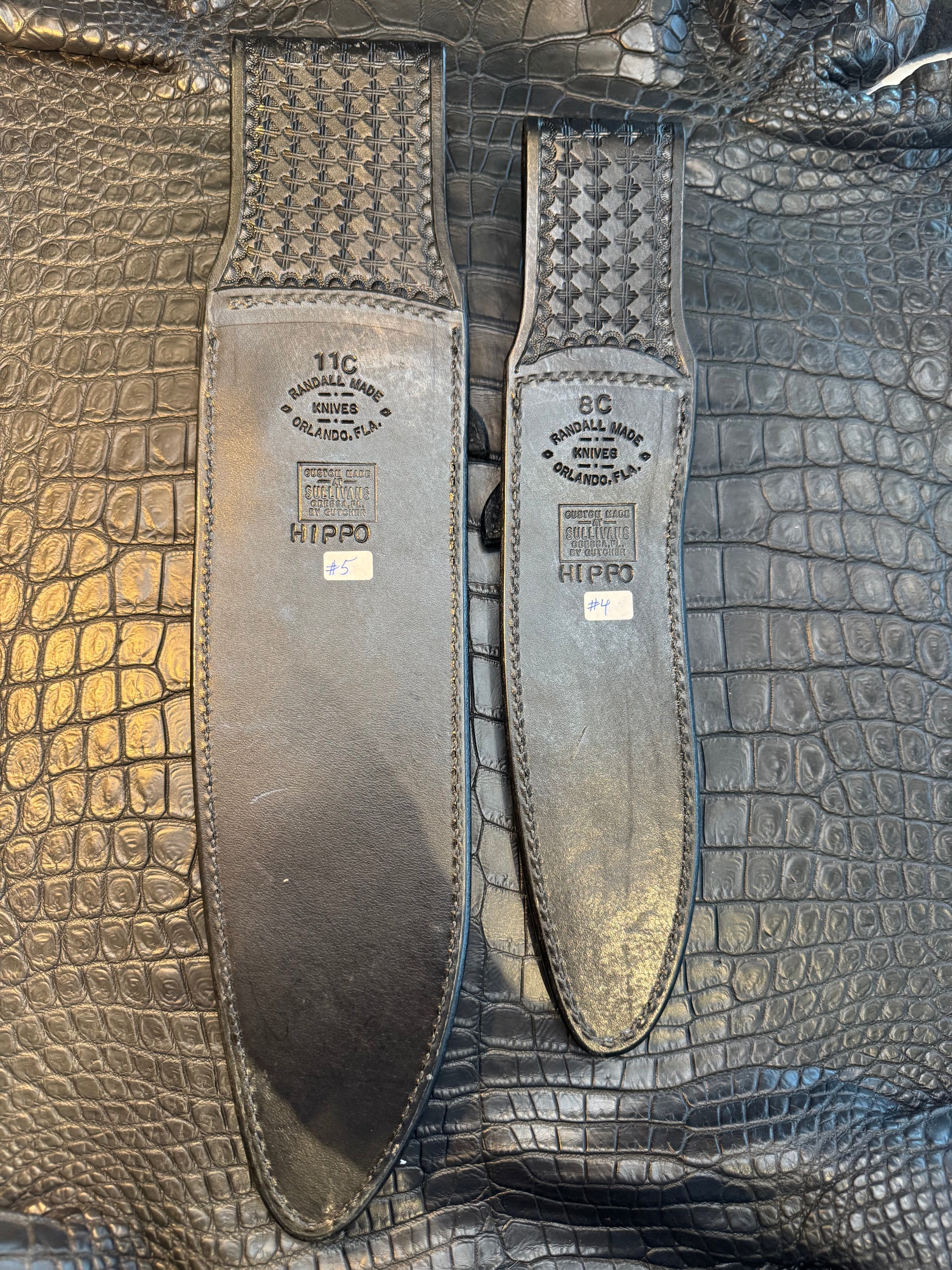 New Randall Pair of Model 12-11 Large Sasquatch and matching 12-8 Small Sasquatch Sheath’s in Exotic Black Hippo (very rare) Custom Made at Sullivan’s by Gutcher.