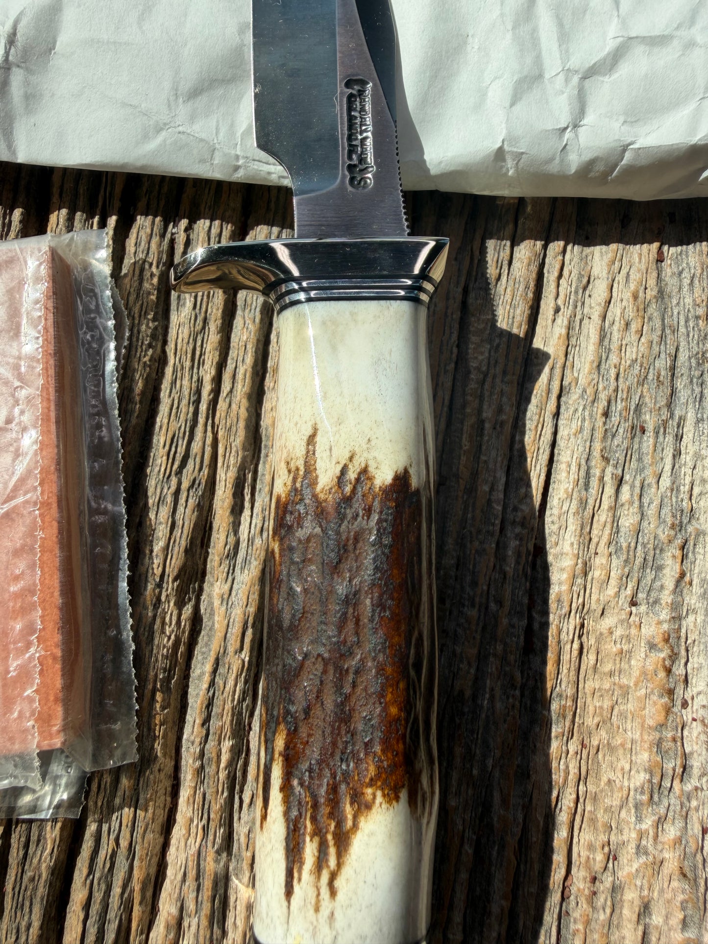 New in Paper Randall Knife Model #8-4 Old Style Trout And Bird Stag Handle, Stainless steel. Aluminum Crows Beak butt cap.