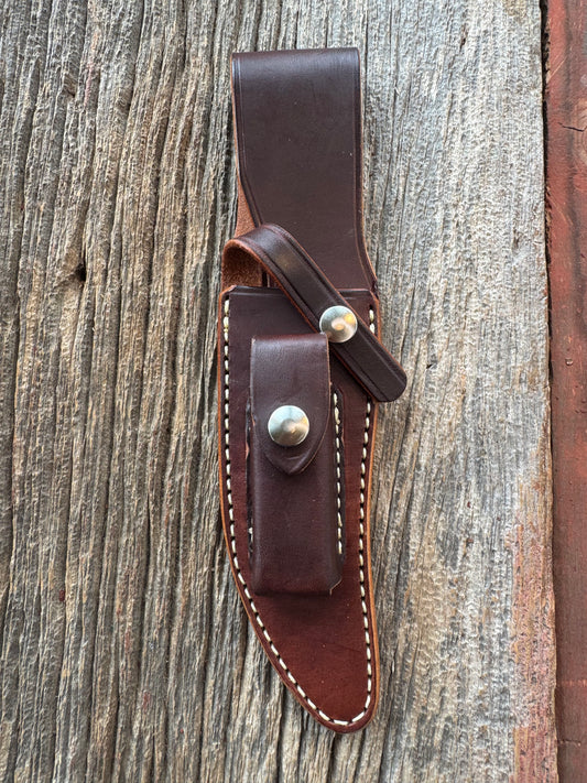 New Randall Sullivans by Gutcher Leather Knife Sheath Model 27 with sharpening stone.