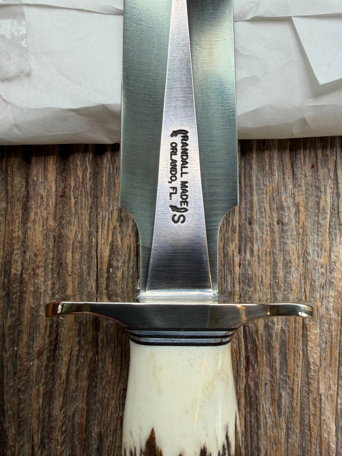 New in Paper Randall Made Knife Model 2-7 with a Stag handle, Stainless steel blade, Nickel silver Hilt, black and aluminum spacers, loaded!!