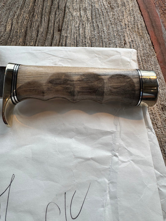 New in Paper Randall Non Catalog Model Sergeants Special, Maple handle with finger grooves. Carbon blade, Nickel silver single hilt and butt cap. Brown leather sheath.